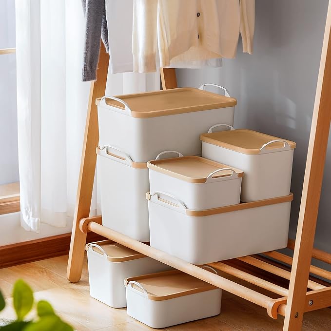 ANMINY White Plastic Storage Bins Baskets with Lids, 5-Pack, 2M+3S | Large Plastic Bins, Sturdy PET, with Handles, Stackable, Opaque Storage Boxes, for Closet Shelves Desk, Wheat Lids