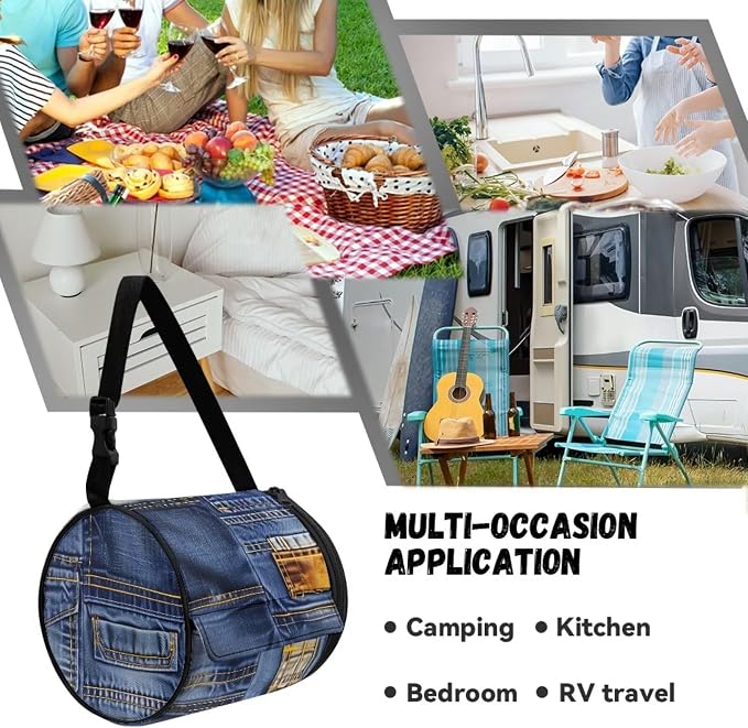 Hanging Bathroom Toilet Paper Tissue Holder Wall Mounted Tissue Towel Roll Holder with Adjustable Strap Easy Installation,Denim Patchwork Pattern