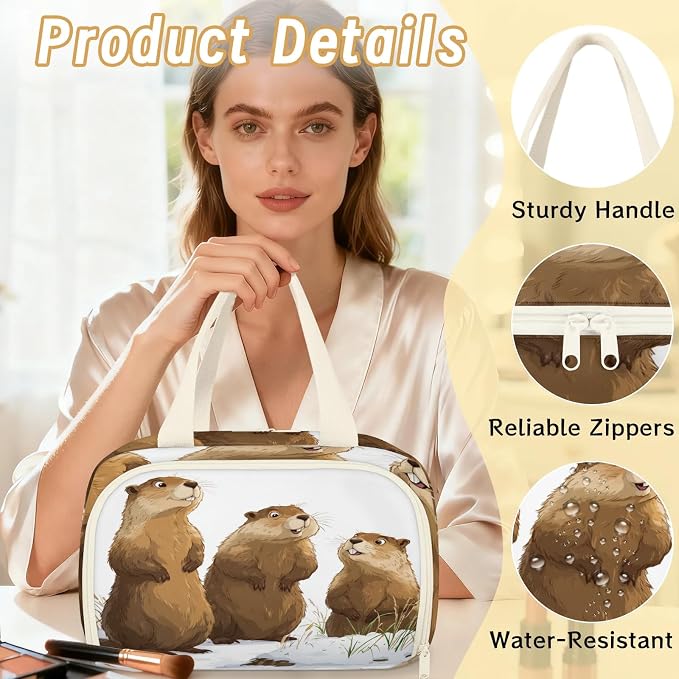 Groundhogs Travel Toiletry Bag for Women | Cute Animal Marmot Lightweight Waterproof Makeup Cosmetic Bag Large Tote Organizer for Traveling, Toiletries, Accessories