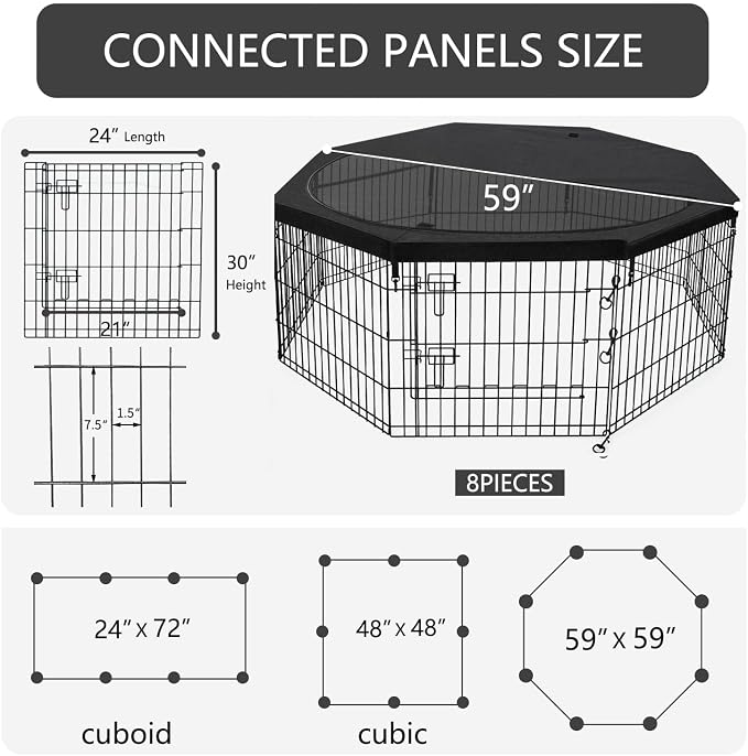 PETIME Foldable Metal Dog Exercise Pen/Pet Puppy Playpen Kennels Yard Fence Indoor/Outdoor 8 Panel 24" W x 30" H with Top Cover