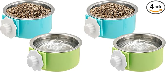 Mechpia 2 Pieces Crate Dog Bowl, Removable Stainless Steel Pet Kennel Hanging Food Water Feeder Bowl Cage Coop Cup for Puppy Medium Dog Cat Rabbit Ferret Bird (Blue,Green) (Pack of 2)