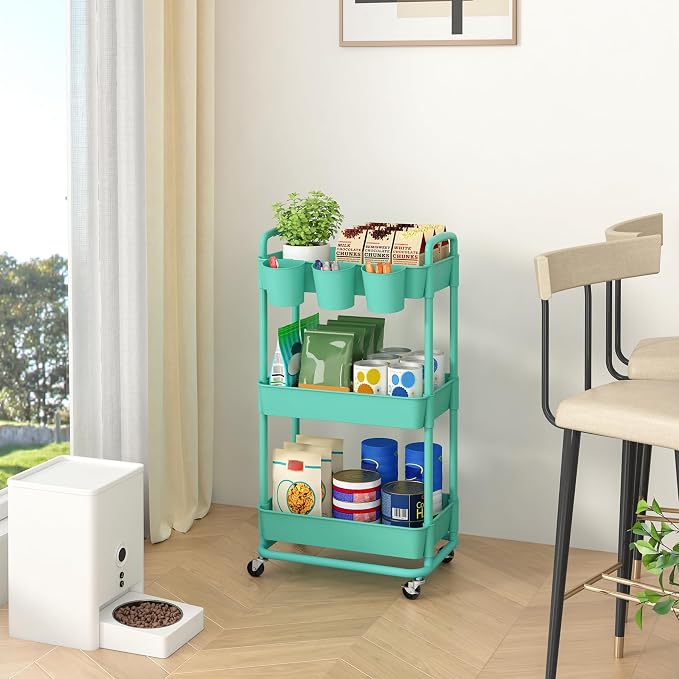 3-Tier Plastic Rolling Storage Cart Utility Cart Green | Utility Cart with Extra Hanging Cups Arc-Shaped Handles Lockable Wheels for Living Room Bathroom Kitchen Office