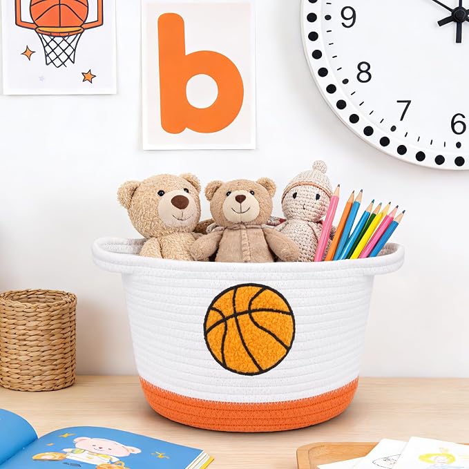 Basketball Storage Basket, Woven Basket with Handle Small Laundry Basket Organizer for Baby Shower, Blanket, Shelf, Cat Dog Toy Organizer, Gifts Empty, 9"x7" Baskets for Organizing