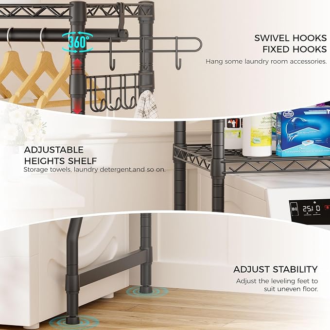 Golpart Laundry Organizer Shelves Over the Washer and Dryer Storage Shelf | Heavy Duty Laundry Room Organization Clothes Drying Rack Adjustable Height Wire Shelving and Wire Basket with Hanger Rod