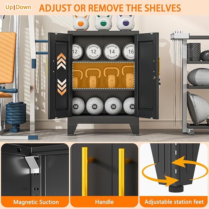 Small Metal Storage Cabinet, Lockable Tool Cabinet with Doors and 2 Shelves | Compact 23.6-Inch Width, 2 Adjustable Shelves, Locking Doors, Magnetic Closure, Adjustable Feet, Cold-Rolled Steel