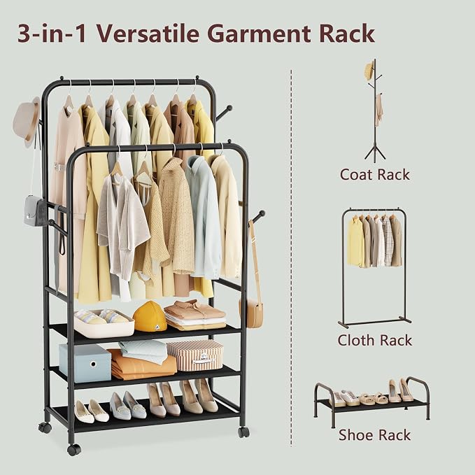 Furologee Clothes Racks for Hanging Clothes, Double Rods Clothing Rack with 3-Tier Storage Shelves, Rolling Garment Wardrobe with Wheels, Portable Free Standing Closet for Bedroom, Laundry Room, Black