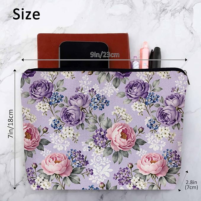 Rose Purple Makeup Bags Makeup Organizer, Vintage Blossom Flowers Rose Flax Toiletry Bags Travel Cosmetic Bag Makeup Purse Pouch Skincare Bag Wallet Bags For Women Female Mom Daughter