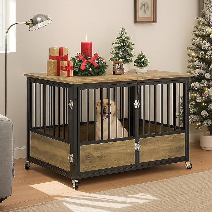 DWVO 43 Inch Dog Crate Furniture with Wheels & with Double-Doors | Dog Kennel Indoor Furniture End Table Dog Crate for Dogs, Farmhouse Decorative Wooden Dog Cage Table, Chew-Resistant, Greige