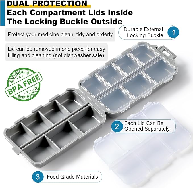 14 Grids Travel Pill Organizer Box with 415-Pcs Medicine Name Labels - Pocket Daily Pharmacy Case Container - Travel Medication Holder Dispenser Kit for Fish Oil Vitamin Supplement Storage - Grey