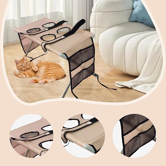 Fenteer Pet Grooming Table with Fix Straps Foldable Washing Station Grooming Stand Frame Animal Cleaning Accessories for Bathing Nail Trimming Suitable for, Khaki