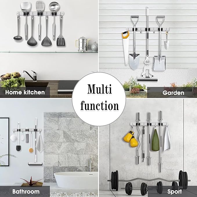 2 Pack Broom Holder Wall Mount, 3 Racks 4 Hooks Mop and Broom Organizer | Mop Holder Wall Mount and Broom Hanger for Garage, Laundry Room, Kitchen and Utility Storage