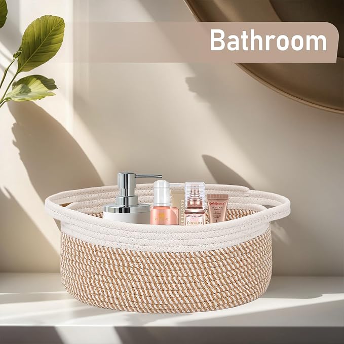 JMvicyroam Small Woven Basket, Empty Gift Basket, White&Brown Block/3 Pack | Small Gift Basket, Cotton Rope, 12 x 8 x 86 in, Handles, Includes Ribbon and Bag, Birthday Gift Basket