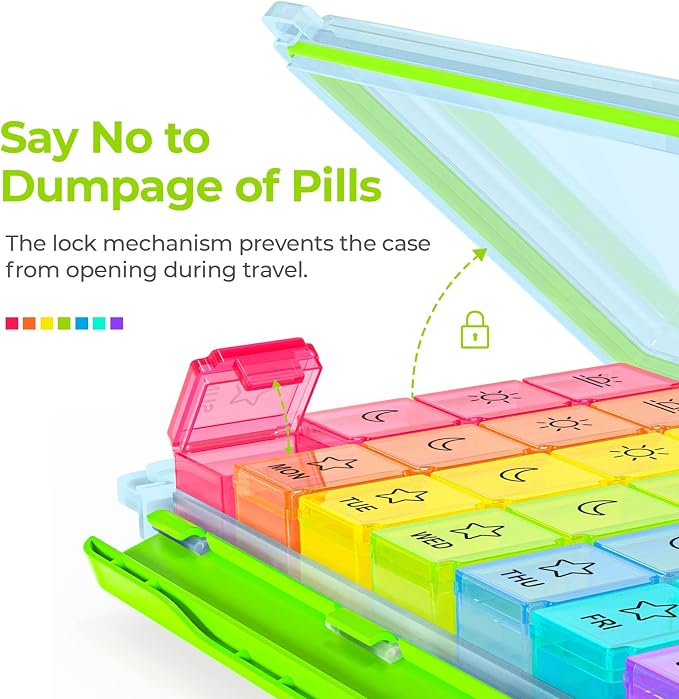 AUVON Large Moisture-Proof Weekly Pill Organizer 4 Times a Day, BPA-Free | 7 Day Pill Box Case with Portable Design for Travel, Removable Individual Containers Hold Vitamins, Supplements, Medications