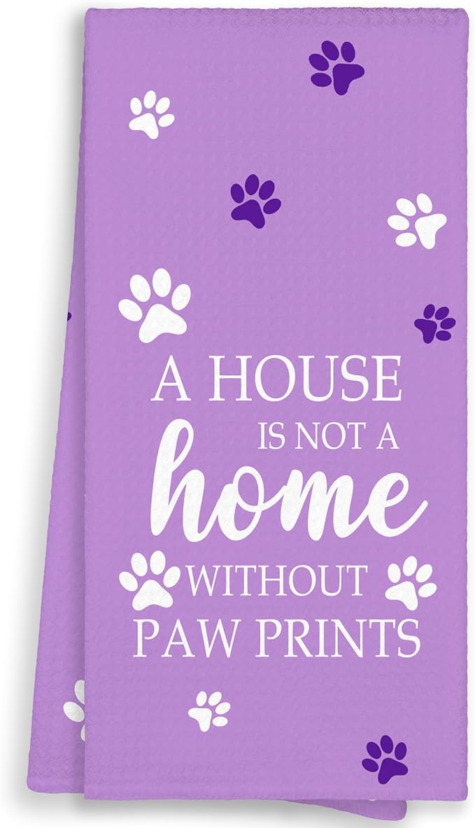 Purple Paw Farmhouse Kitchen Towels Decor Gifts for Women Pet Lovers, A House is Not A Home Without Paw Prints Decorative Bathroom Towels, Funny Dish Hand Towels for Kitchen Drying 16x24 Inch