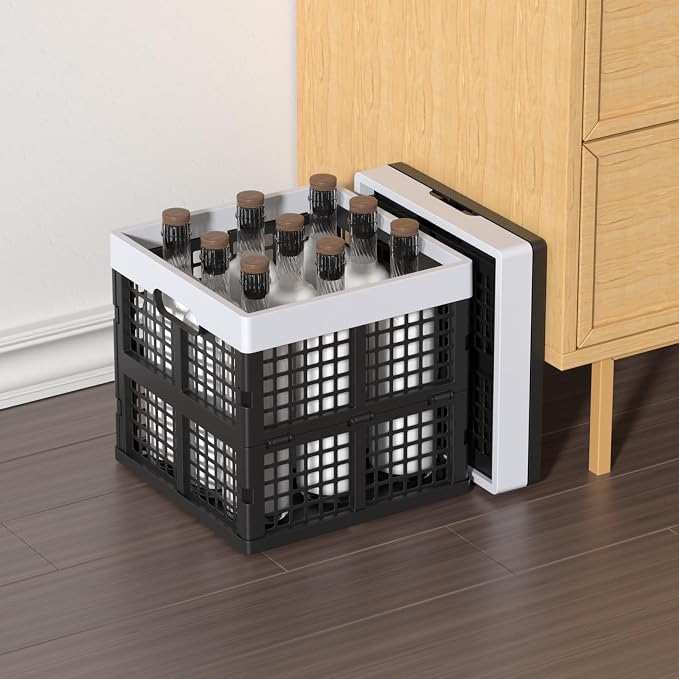Sandmovie 3 Packs Collapsible Storage Crates, 18 L Square Foldable Crate | Stackable Plastic Organizer Bins for Closet, Pantry, Garage, Car Trunk, Office, Black