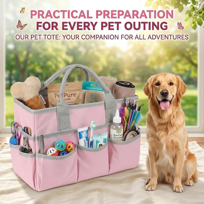 Pet Grooming Bag, Dog Grooming Organizer Tote with 10 Pockets, Dog Storage Organizer with Sturdy Handle for Grooming Supplies, Toys, Treats, Leash (Bag ONLY) (Pink)
