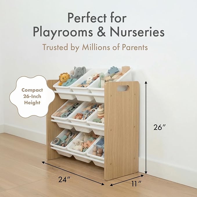 Humble Crew Kids Toy Organizer with 9 Bins, 3 Tier Storage for Playroom | Sturdy wood and steel toddler shelf, removable BPA-free containers, wall anchor anti-tip safety kit for bedroom or classroom