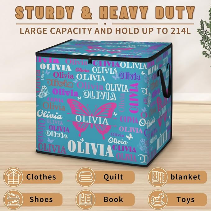 Personalized Extra Large Storage Bins with Lid, Customized Name Lake Blue Background with Butterfly Storage Basket Rectangle Clothes Organizer for Organizing Kids and Pets Toys Shelf Closet