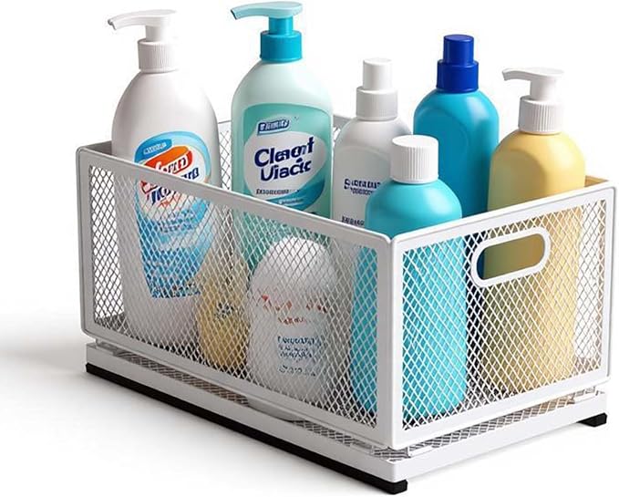 Pull-Out Cabinet Organizer W 9.4"x D 15.7"XH 8.3" Metal Steel Slide Basket with Adhesive Rails for Kitchen, Closet, Pantry Storage bathroom Sliding Drawer Rack undersink shelf