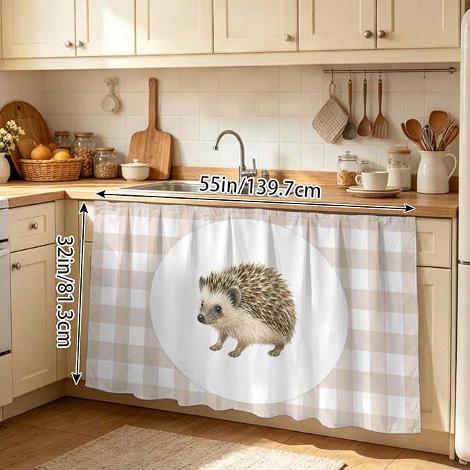 Hedgehog Sink Skirt for Bathroom, Self-Adhesive Under Sink Curtain, Modern Farmhouse Linen Checked Animal Hide Pipes & Storage Fabric Cabinet Skirt Cover for Kitchen Laundry 32"x55"