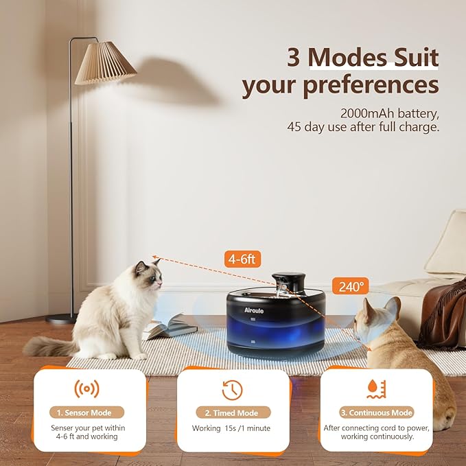 Cordless Cat Water Fountain - Automatic Cat Water Fountain Wireless Dog Water Dispenser with Replacement Filters, Gifts for Christmas, Cats, Dogs, Multiple Pets (Black)