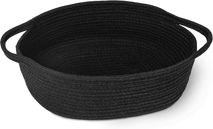 Black Woven Basket, 13” x 9” x 5” Cute Dog Toy Basket, Soft Cotton Rope Storage Box, Cat Toy Bin, Baskets for Gifts Empty, Small Baskets for Organizing, Decorative Basket