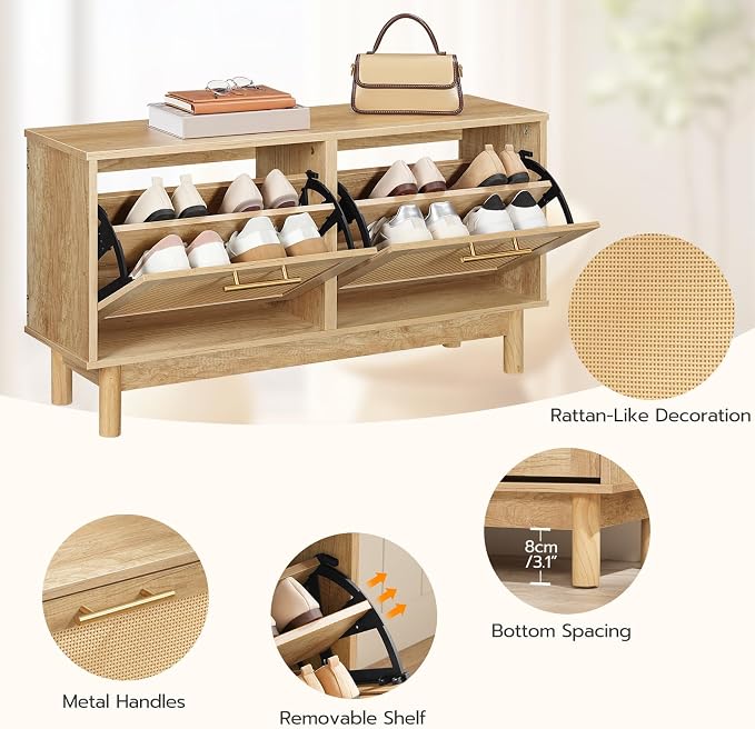 HOOBRO Shoe Storage Bench, Rattan Entryway Bench with 2 Flip Drawers, 39.4'' Hidden Shoe Cabinet with Adjustable Shelves, Comfort Seat Holds 300lb, Large Capacity Fits 8-12 Pairs, Natural NL51HX01