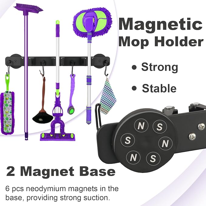 Heavy Duty Magnetic Mop Broom Holder with Swivel Hooks | Strong Magnet Mount Tool Hanger Organize System Utility Rack for Refrigerators Laundry Garage Kitchen