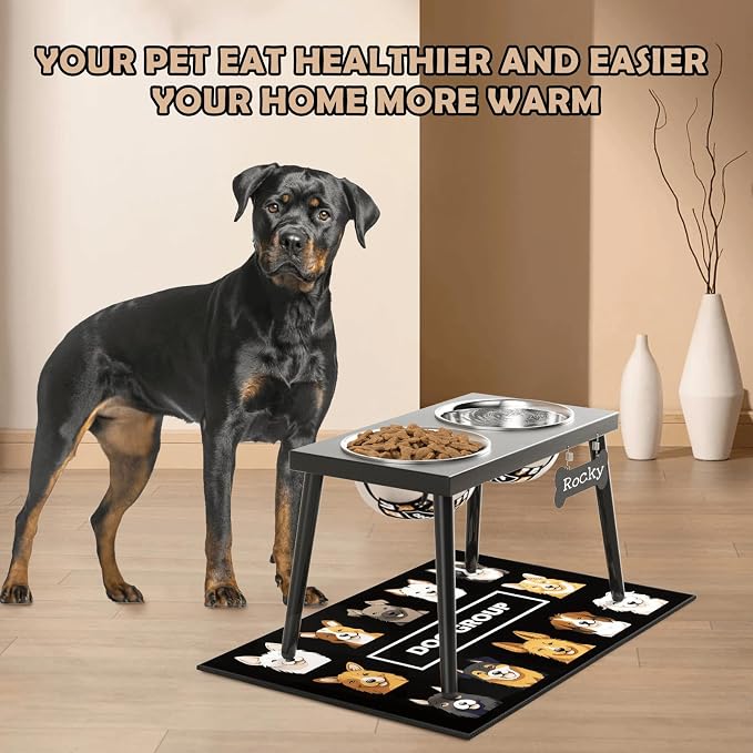 ADENGL Metal Raised Dog Bowl Stand for Large and Medium Dogs, Elevated Dog Bowls with Sprill Proof Mat ＆ Slow Feeder, Pet Food Bowls 10" Tall Dogs Feeder (58OZ-Stainless Steel Pet Bowl, Mat-16x24in)