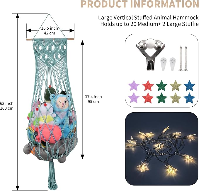 63 Inch Stuffed Animal Storage Hammock Corner, Stuffy Plushie Net,Turquoise | Wall Ceiling Over Door Hanging Hammock for Stuffed Animals,Boho Macrame Stuffy Storage Holder w/Star Light,Nursery Room Decor