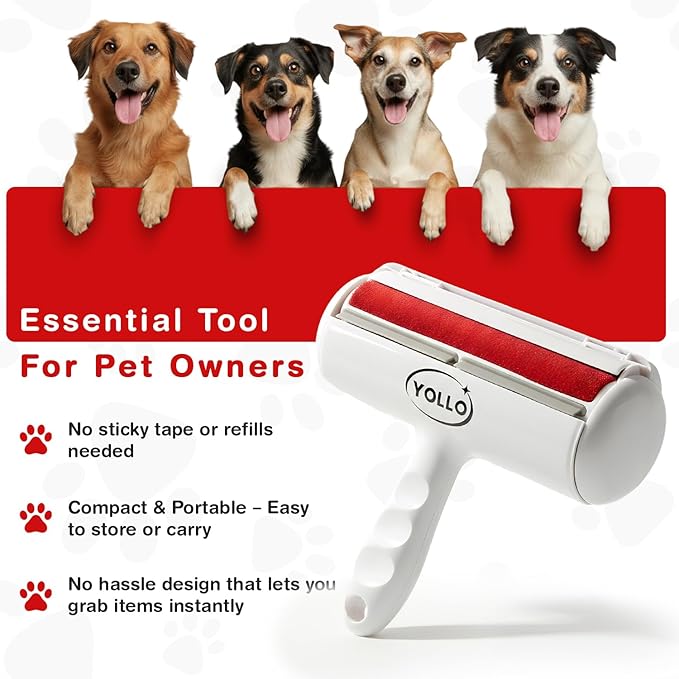 YOLLO Roller Pet Hair Remover – Original Size Reusable Lint Roller for Cat & Dog Hair on Furniture, Couch, Carpet, Car, Rugs & Bedding – Portable, Eco-Friendly (White)