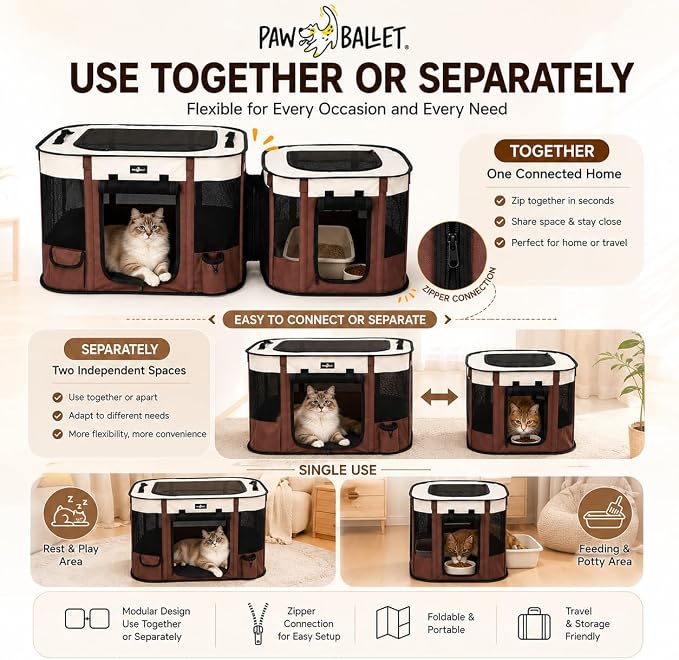 Paw Ballet 2-in-1 Dual-Zone Pet Playpen for Cats & Small Dogs, Portable Indoor Outdoor Pet Enclosure with Connected Rest & Feeding Areas, Foldable Pet Tent with Carrying Bag