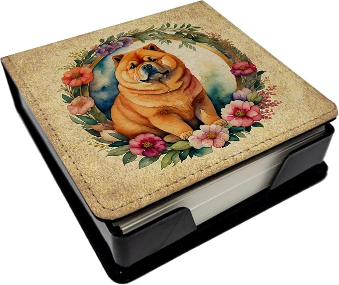 Caroline's Treasures Chow Chow and Flowers PU Leather Note Paper Holder with Artist-Designed Cover, Desk Accessory, Office Gift