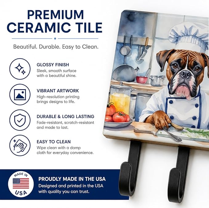 Caroline's Treasures Boxer The Chef Leash or Key Holder Wall Hooks, Key Hooks Holder, Coat Rack Wall Mount, Coat Hooks, Hooks for Hanging Keys, Towels, Aprons, Leashes | Boxer The Chef artwork on ceramic tile with three steel hooks for keys, leashes, t...