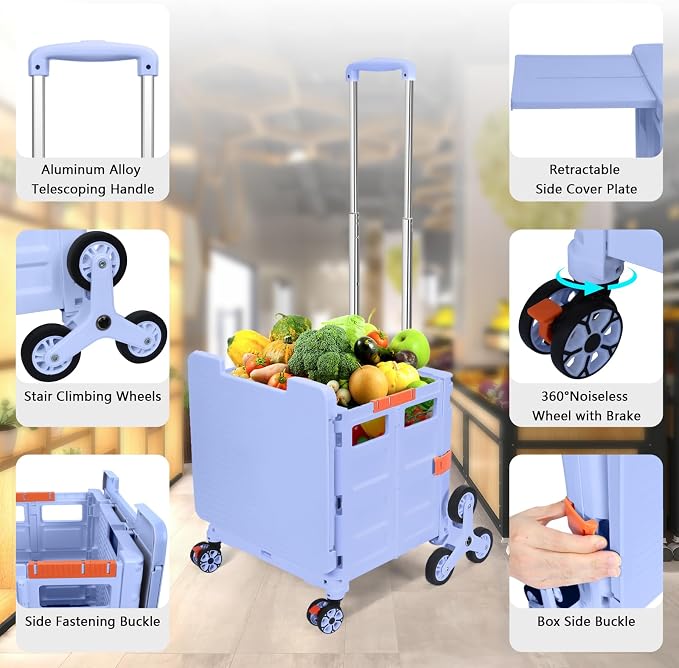 Foldable Utility Cart Collapsible Portable Crate Rolling Carts with Stair Climbing Wheels Tote Basket with Magnetic Lid Telescopic Cover Wear-Resistant 360°Rotate Wheel Noiseless for Shopping Office