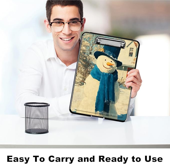 Heavy Duty Storage Clipboard, Slim Nursing Clipboard with Internal Pen Case, Portable File Organizer Case for A4 Letter Size Paper Office Medical Professionals, Blue Towel Snowman