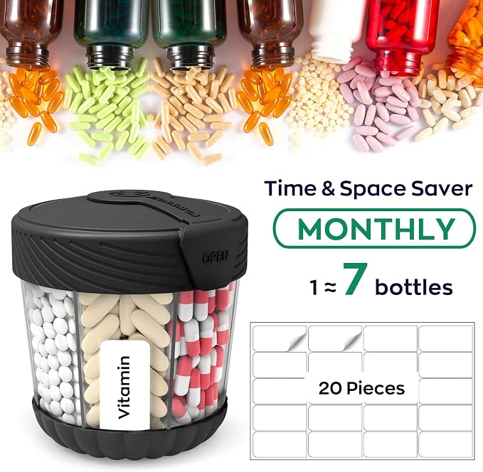HIONXMGA Large Pill Organizer Anti-Mix, 7-Compartment, 20 Labels, BPA-Free | Portable Pill Dispenser Easy to Open & Retrieve, Wide Opening Design Easy Access for Vitamins, Fish Oils, Supplements