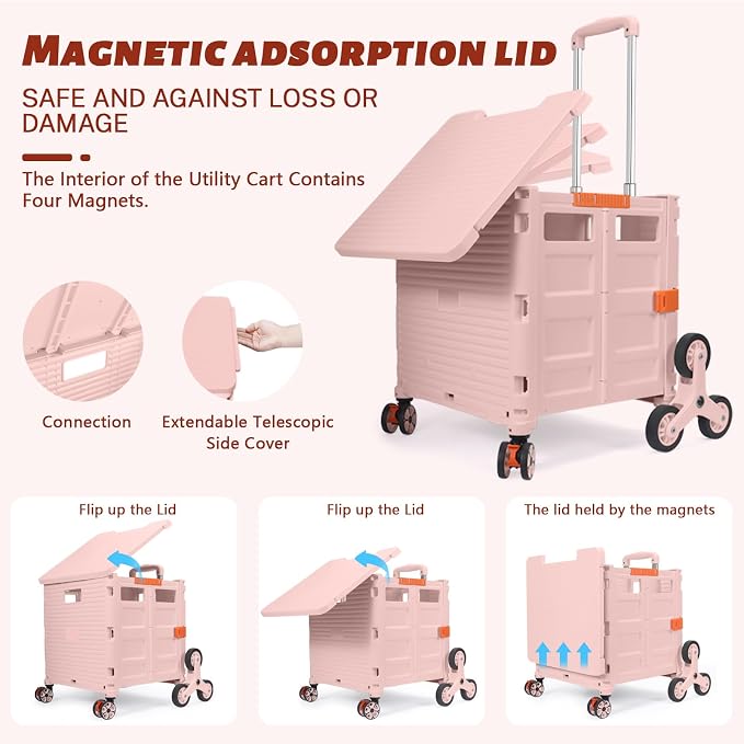 Foldable Utility Cart Collapsible Portable Crate Rolling Carts with Stair Climbing Wheels Tote Basket with Magnetic Lid Telescopic Cover Wear-Resistant 360°Rotate Wheel Noiseless for Shopping Office