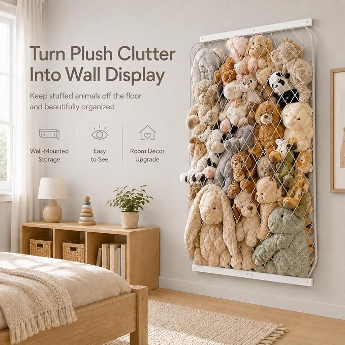 Stuffed Animal Storage Holder, Elastic Stuffed Animal Net,Door/ Wall Mount Length Adjustable Hanging Stuffed Animal Organizer, Plushie Net For Nursery Play Room-White Boards Patent