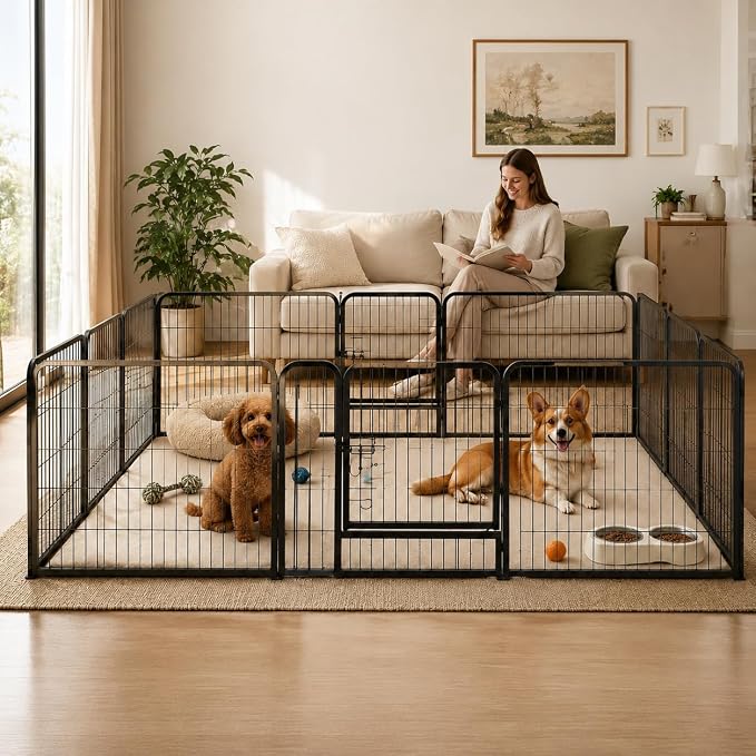Metal Dog Playpen - 40" Height 16 Panels Foldable Exercise Pen for Dogs Indoor/Outdoor Pen with Door for Pet Animals Portable Pet Playpen Polygon Dog Enclosure (Black)