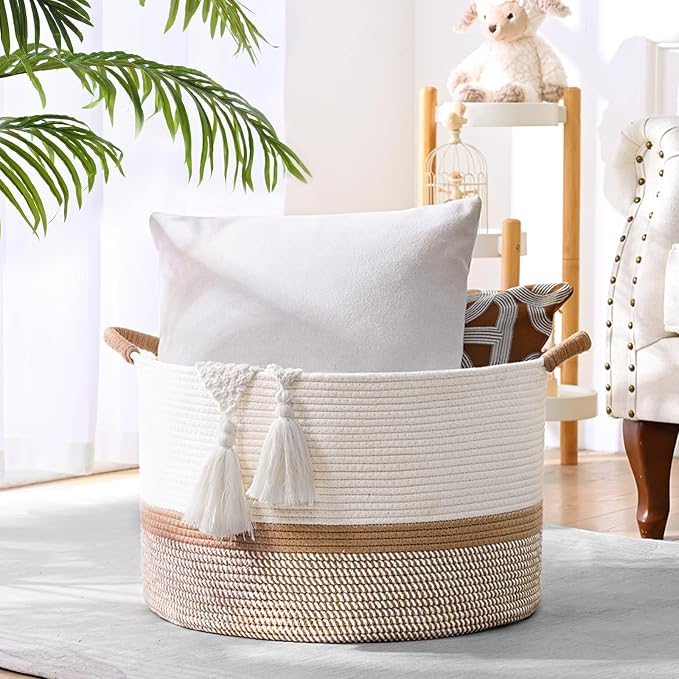 45L Blanket Basket, 17.5"x11.5" Woven Storage Baskets With Handle, Cotton Rope Blanket Basket Living Room, Baby Laundry Basket for Blanket, Nursery, Toy, Pillow (White & Brown)