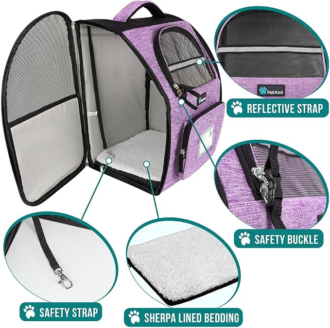 PetAmi Dog Backpack Carrier Airline Approved Cat Pet Puppy Bag, Purple | Ideal for Small Medium Large Pet up to 18 lb, 2 Side Entry Structured No-Collapse Frame, Ventilated Bookbag for Hiking Travel