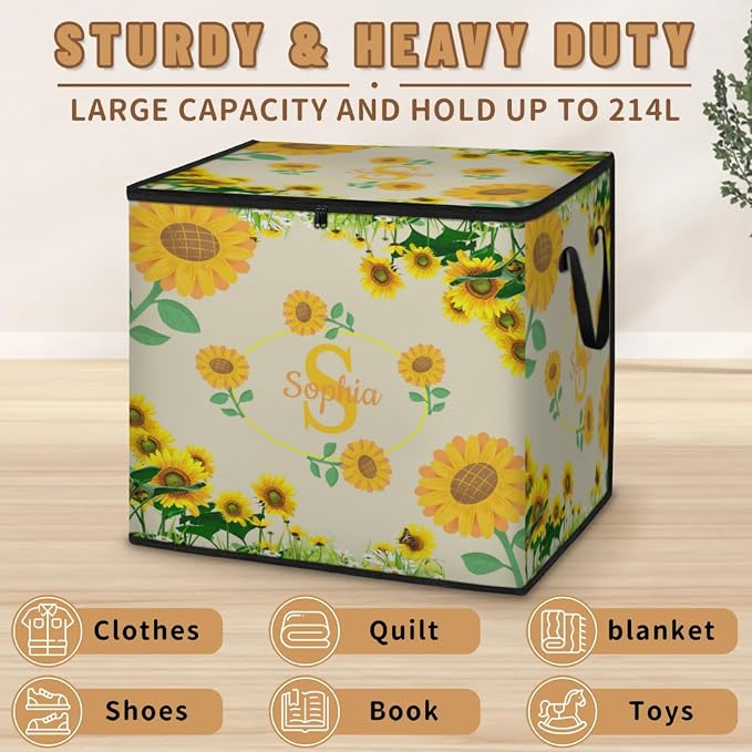 Custom Name Large Clothes Storage Organization with Lids, Kids Toys Bin Shelf Basket, Bedding Clothes Storage Bin for Nursery, Gift Basket, Sunflowers Dark Beige Background