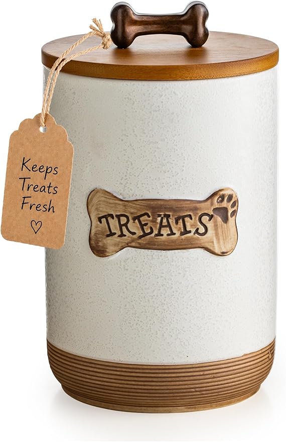 Miamolo Airtight Dog Treat Container, Dog Treat Jar with Lid for Countertop | Ceramic, Cast-iron Handle | Dog Food Storage, Training Pet Treats Canister Farmhouse Gift for Dog Lovers, Bone Glinting White