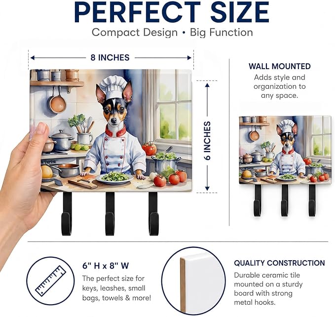 Caroline's Treasures Rat Terrier The Chef Leash or Key Holder Wall Hooks, Key Hooks Holder, Coat Rack Wall Mount, Coat Hooks, Hooks for Hanging Keys, Towels, Aprons, Leashes | Rat Terrier The Chef artwork on ceramic tile with three steel hooks for keys...