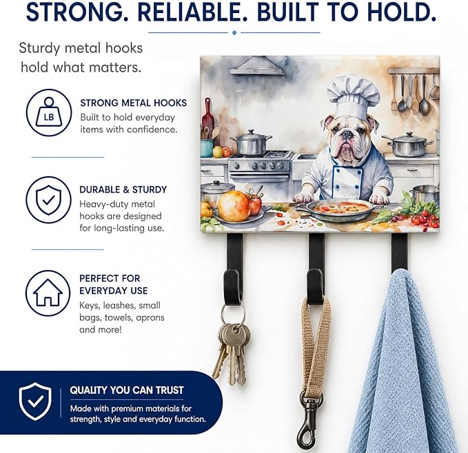 Caroline's Treasures English Bulldog The Chef Leash or Key Holder Wall Hooks, Key Hooks Holder, Coat Rack Wall Mount, Coat Hooks, Hooks for Hanging Keys, Towels, Aprons, Leashes | English Bulldog The Chef artwork on ceramic tile with three steel hooks ...