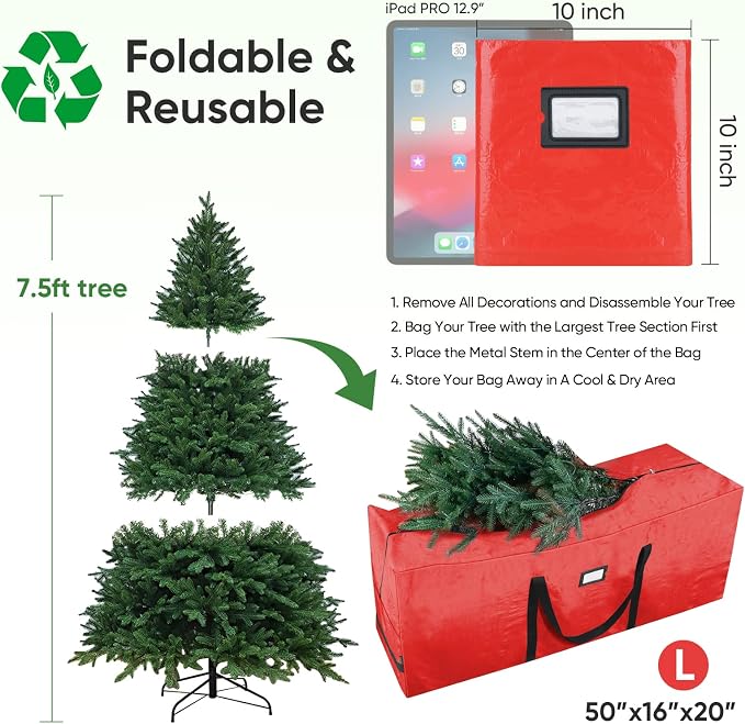BALEINE 7.5 ft Christmas Tree Storage Bag, Heavy Duty Extra Large Artificial Christmas Tree Bag with Reinforced Handles and Dual Zippers Wide Opening (Red, 7.5 ft)