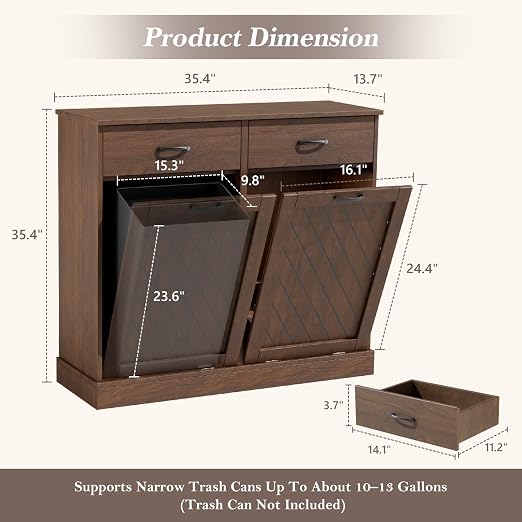 njnj 26 Gallons Double Tilt Out Trash Can Cabinet, 2x13 Gallons Hidden Kitchen Trash Cabinet with Storage Drawers, Pet Proof Hidden Garbage Can for Kitchen, Laundry Room, Bathroom Wood Brown