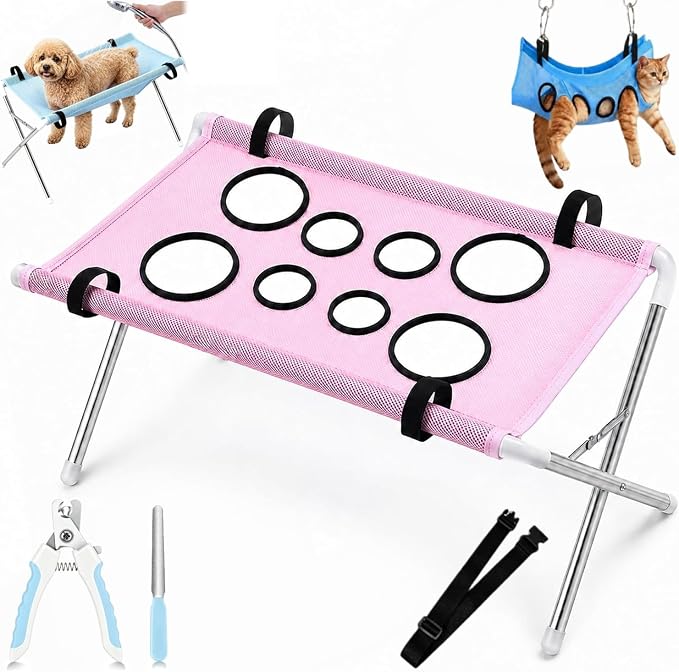 2-in-1 Foldable Pet Grooming Bed for Cat Small Dog with Nail Clippers (Pink)