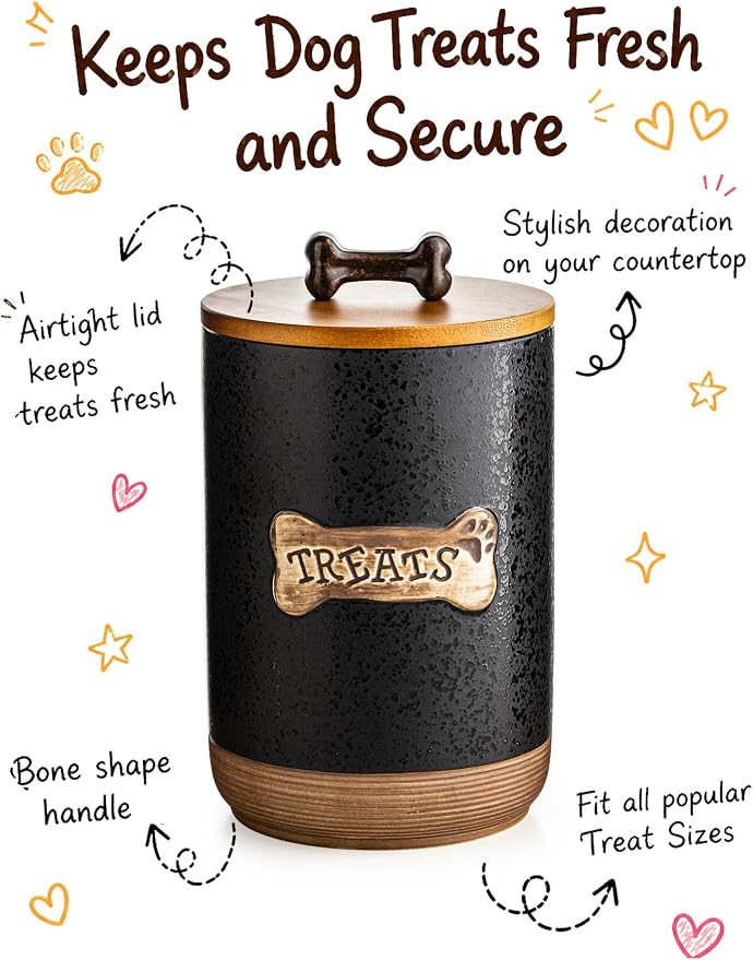 Miamolo Dog Treat Container Jar with Airtight Lid, Keep the Pet Treat Fresh | Ceramic, Cast-iron Handle | Dog Food Storage Canister for Cookie Snack, Kitchen Counter, Dog Lovers Gift, Bone Glinting Black